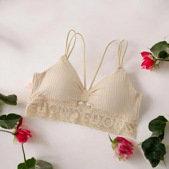 eorma Elegant Lace Bralette with Ribbed Texture – Lightly Padded, Strappy Design, Breathable(Free Size)